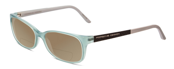 Profile View of Porsche Designs P8247-B Designer Polarized Reading Sunglasses with Custom Cut Powered Amber Brown Lenses in Crystal Azure Aqua Blue Grey Unisex Oval Full Rim Acetate 55 mm