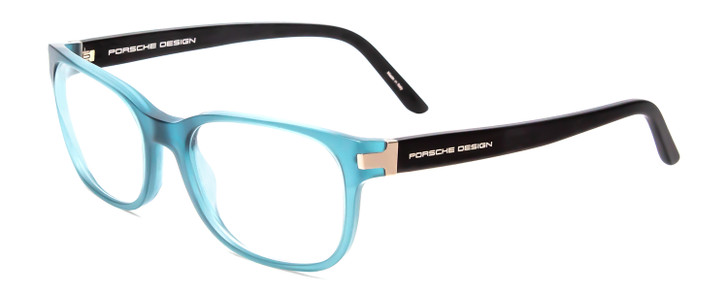 Profile View of Porsche Designs P8250-C Designer Reading Eye Glasses with Custom Cut Powered Lenses in Crystal Azure Aqua Blue Black Unisex Oval Full Rim Acetate 55 mm