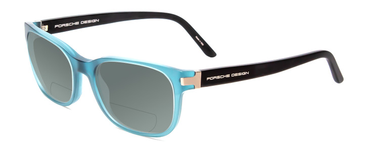 Profile View of Porsche Designs P8250-C Designer Polarized Reading Sunglasses with Custom Cut Powered Smoke Grey Lenses in Crystal Azure Aqua Blue Black Unisex Oval Full Rim Acetate 55 mm