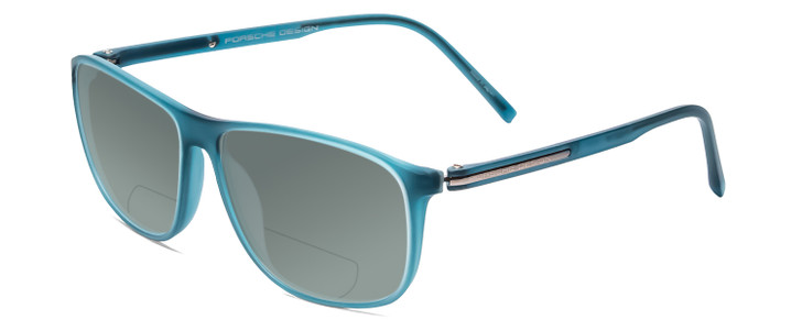 Profile View of Porsche Designs P8278-B Designer Polarized Reading Sunglasses with Custom Cut Powered Smoke Grey Lenses in Crystal Azure Turquoise Blue Unisex Square Full Rim Acetate 56 mm