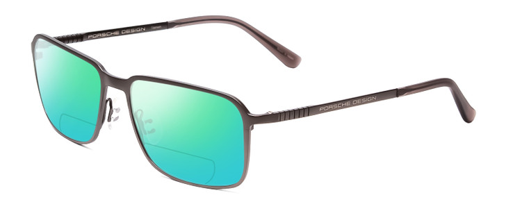 Profile View of Porsche Designs P8293-A Designer Polarized Reading Sunglasses with Custom Cut Powered Green Mirror Lenses in Dark Gun Metal Grey Unisex Square Full Rim Titanium 55 mm