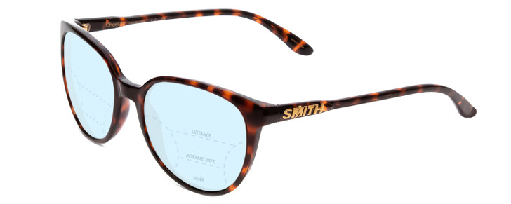 Profile View of Smith Optics Cheetah Designer Progressive Lens Blue Light Blocking Eyeglasses in Tortoise Havana Brown Gold Ladies Round Full Rim Acetate 54 mm with Blue Light Zone functionality illustration laid over the lens