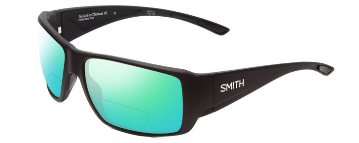 Profile View of Smith Optics Guides Choice Designer Polarized Reading Sunglasses with Custom Cut Powered Green Mirror Lenses in Matte Black Unisex Rectangle Full Rim Acetate 63 mm