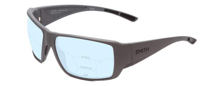 Profile View of Smith Optics Guides Choice Designer Progressive Lens Blue Light Blocking Eyeglasses in Matte Cement Grey Unisex Rectangle Full Rim Acetate 63 mm with Blue Light Zone functionality illustration laid over the lens