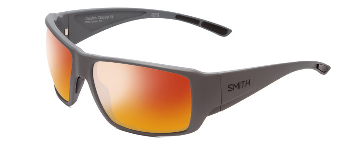 Profile View of Smith Optics Guides Choice Designer Polarized Sunglasses with Custom Cut Red Mirror Lenses in Matte Cement Grey Unisex Rectangle Full Rim Acetate 63 mm