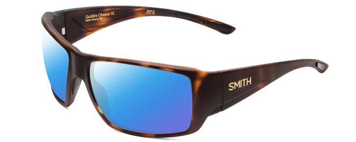 Profile View of Smith Optics Guides Choice Designer Polarized Sunglasses with Custom Cut Blue Mirror Lenses in Matte Tortoise Havana Gold Unisex Rectangle Full Rim Acetate 63 mm