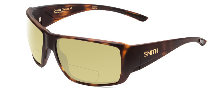 Profile View of Smith Optics Guides Choice Designer Polarized Reading Sunglasses with Custom Cut Powered Sun Flower Yellow Lenses in Matte Tortoise Havana Gold Unisex Rectangle Full Rim Acetate 63 mm