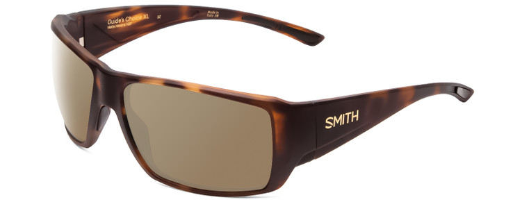 Profile View of Smith Optics Guides Choice Designer Polarized Sunglasses with Custom Cut Amber Brown Lenses in Matte Tortoise Havana Gold Unisex Rectangle Full Rim Acetate 63 mm