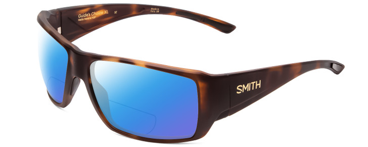 Profile View of Smith Optics Guides Choice Designer Polarized Reading Sunglasses with Custom Cut Powered Blue Mirror Lenses in Matte Tortoise Havana Gold Unisex Rectangle Full Rim Acetate 63 mm