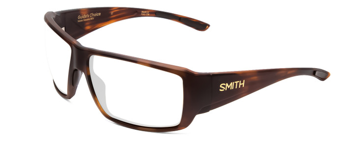 Profile View of Smith Optics Guides Choice Designer Reading Eye Glasses with Custom Cut Powered Lenses in Matte Tortoise Havana Gold Unisex Rectangle Full Rim Acetate 62 mm