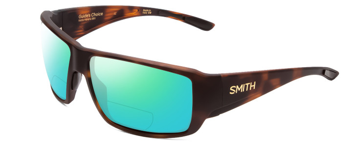 Profile View of Smith Optics Guides Choice Designer Polarized Reading Sunglasses with Custom Cut Powered Green Mirror Lenses in Matte Tortoise Havana Gold Unisex Rectangle Full Rim Acetate 62 mm