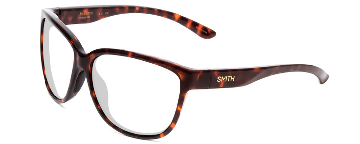 Profile View of Smith Optics Monterey Designer Reading Eye Glasses with Custom Cut Powered Lenses in Tortoise Havana Brown Gold Ladies Cateye Full Rim Acetate 58 mm