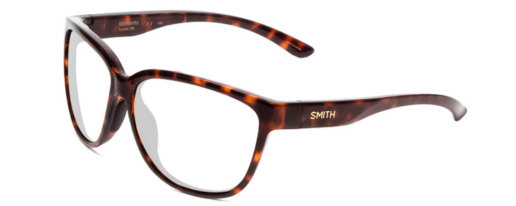 Profile View of Smith Optics Monterey Designer Reading Eye Glasses with Custom Cut Powered Lenses in Tortoise Havana Gold Ladies Cateye Full Rim Acetate 58 mm