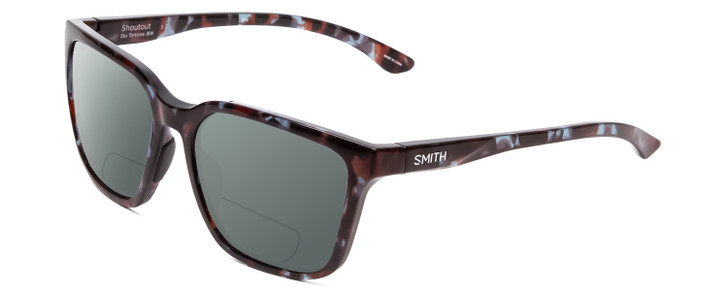 Profile View of Smith Optics Shoutout Designer Polarized Reading Sunglasses with Custom Cut Powered Smoke Grey Lenses in Sky Tortoise Marble Brown Unisex Retro Full Rim Acetate 57 mm