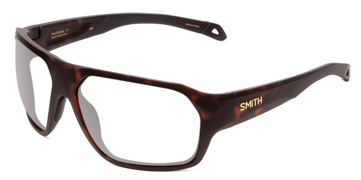 Profile View of Smith Optics Deckboss Designer Reading Eye Glasses in Matte Tortoise Havana Brown Gold Unisex Rectangle Full Rim Acetate 63 mm