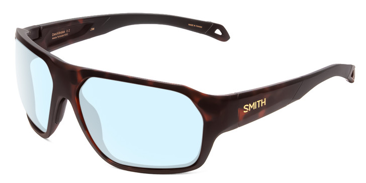 Profile View of Smith Optics Deckboss Designer Blue Light Blocking Eyeglasses in Matte Tortoise Havana Brown Gold Unisex Rectangle Full Rim Acetate 63 mm