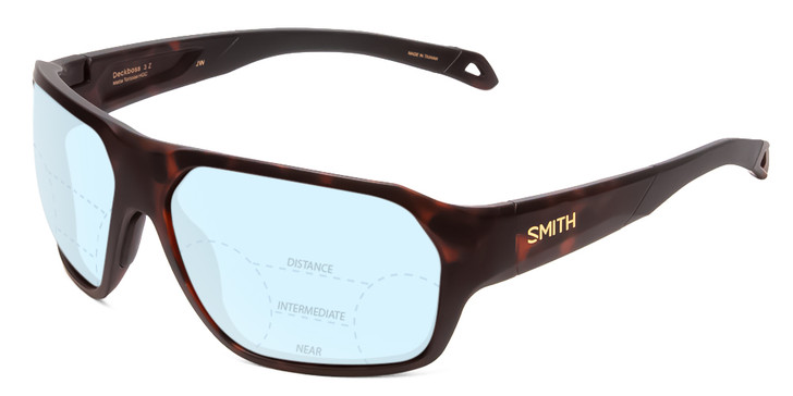 Profile View of Smith Optics Deckboss Designer Progressive Lens Blue Light Blocking Eyeglasses in Matte Tortoise Havana Brown Gold Unisex Rectangle Full Rim Acetate 63 mm with Blue Light Zone functionality illustration laid over the lens