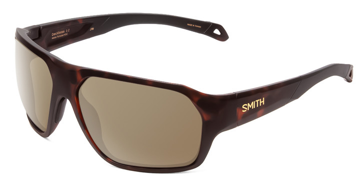 Profile View of Smith Optics Deckboss Designer Polarized Sunglasses with Custom Cut Amber Brown Lenses in Matte Tortoise Havana Brown Gold Unisex Rectangle Full Rim Acetate 63 mm