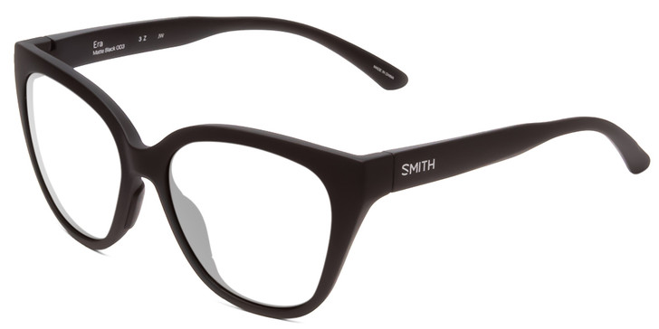 Profile View of Smith Optics Era Designer Reading Eye Glasses in Matte Black Ladies Cateye Full Rim Acetate 55 mm