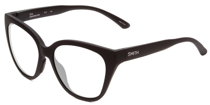 Profile View of Smith Optics Era Designer Single Vision Prescription Rx Eyeglasses in Matte Black Ladies Cateye Full Rim Acetate 55 mm