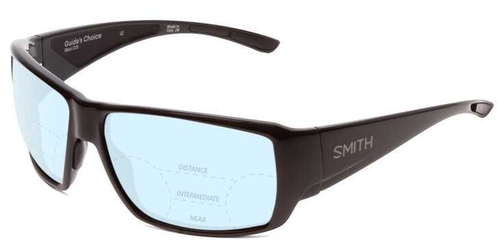 Profile View of Smith Optics Guides Choice Designer Progressive Lens Blue Light Blocking Eyeglasses in Gloss Black Unisex Rectangle Full Rim Acetate 62 mm with Blue Light Zone functionality illustration laid over the lens