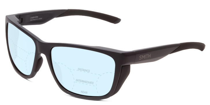 Profile View of Smith Optics Longfin Elite Designer Progressive Lens Blue Light Blocking Eyeglasses in Matte Deep Ink Navy Blue Cobalt Unisex Wrap Full Rim Acetate 59 mm with Blue Light Zone functionality illustration laid over the lens