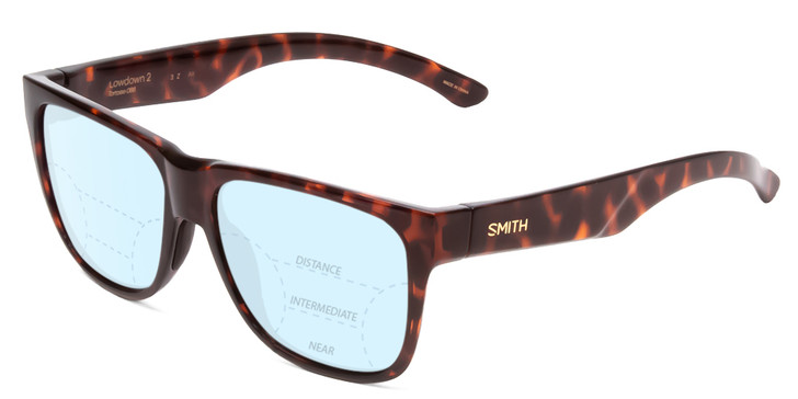 Profile View of Smith Optics Lowdown 2 Designer Progressive Lens Blue Light Blocking Eyeglasses in Tortoise Havana Brown Gold Unisex Classic Full Rim Acetate 55 mm with Blue Light Zone functionality illustration laid over the lens