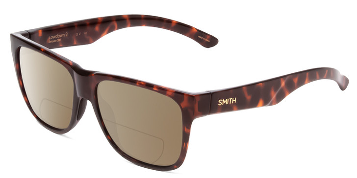 Profile View of Smith Optics Lowdown 2 Designer Polarized Reading Sunglasses with Custom Cut Powered Amber Brown Lenses in Tortoise Havana Brown Gold Unisex Classic Full Rim Acetate 55 mm