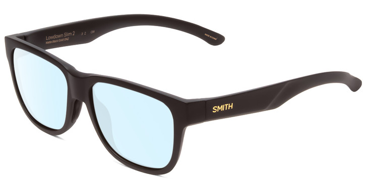 Profile View of Smith Optics Lowdown Slim 2 Designer Blue Light Blocking Eyeglasses in Matte Black Gold Unisex Classic Full Rim Acetate 53 mm