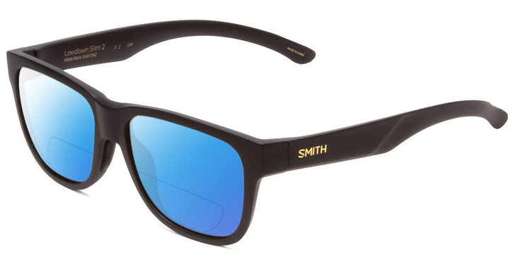 Profile View of Smith Optics Lowdown Slim 2 Designer Polarized Reading Sunglasses with Custom Cut Powered Blue Mirror Lenses in Matte Black Gold Unisex Classic Full Rim Acetate 53 mm