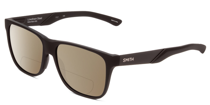 Profile View of Smith Optics Lowdown Steel Designer Polarized Reading Sunglasses with Custom Cut Powered Amber Brown Lenses in Matte Black Unisex Classic Full Rim Acetate 56 mm