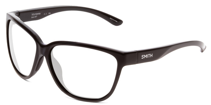 Profile View of Smith Optics Monterey Designer Reading Eye Glasses with Custom Cut Powered Lenses in Gloss Black Ladies Cateye Full Rim Acetate 58 mm