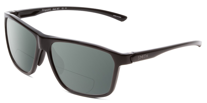 Profile View of Smith Optics Pinpoint Designer Polarized Reading Sunglasses with Custom Cut Powered Smoke Grey Lenses in Black Unisex Square Full Rim Acetate 59 mm