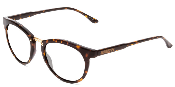 Profile View of Smith Optics Questa Designer Reading Eye Glasses in Vintage Tortoise Havana Brown Gold Ladies Round Full Rim Acetate 50 mm