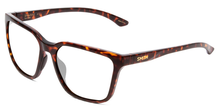 Profile View of Smith Optics Shoutout Designer Reading Eye Glasses with Custom Cut Powered Lenses in Tortoise Havana Gold Unisex Retro Full Rim Acetate 57 mm