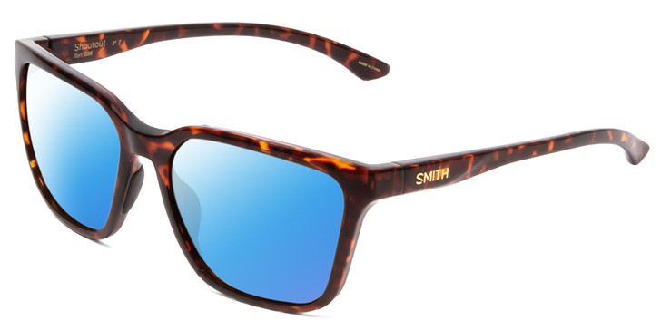 Profile View of Smith Optics Shoutout Designer Polarized Sunglasses with Custom Cut Blue Mirror Lenses in Tortoise Havana Gold Unisex Retro Full Rim Acetate 57 mm