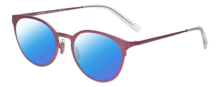 Profile View of Eyebobs Jim Dandy Designer Polarized Sunglasses with Custom Cut Blue Mirror Lenses in Satin Fuchsia Pink Purple Unisex Round Full Rim Metal 50 mm