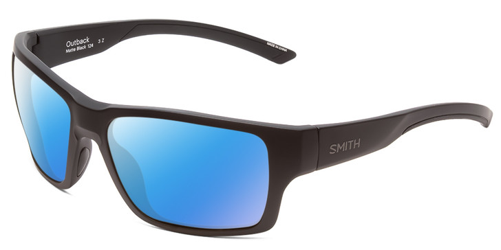 Profile View of Smith Optics Outback Designer Polarized Sunglasses with Custom Cut Blue Mirror Lenses in Matte Black Unisex Square Full Rim Acetate 59 mm