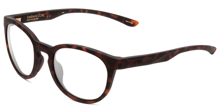 Profile View of Smith Optics Eastbank Designer Reading Eye Glasses with Custom Cut Powered Lenses in Matte Tortoise Havana Brown Gold Unisex Round Full Rim Acetate 52 mm