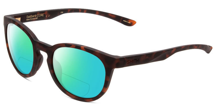 Profile View of Smith Optics Eastbank Designer Polarized Reading Sunglasses with Custom Cut Powered Green Mirror Lenses in Matte Tortoise Havana Brown Gold Unisex Round Full Rim Acetate 52 mm