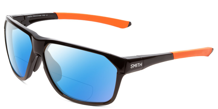 Profile View of Smith Optics Leadout Designer Polarized Reading Sunglasses with Custom Cut Powered Blue Mirror Lenses in Matte Black Cinder Orange Unisex Square Full Rim Acetate 63 mm