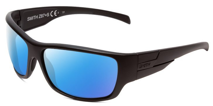 Profile View of Smith Optics Frontman Designer Polarized Sunglasses with Custom Cut Blue Mirror Lenses in Black Unisex Wrap Full Rim Acetate 42 mm