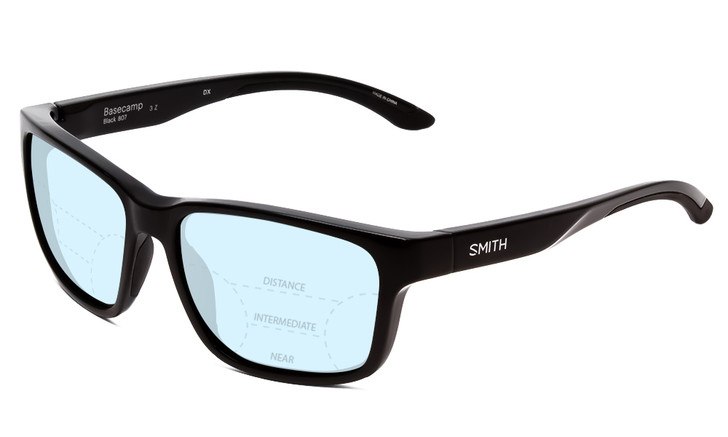 Profile View of Smith Optics Basecamp Designer Progressive Lens Blue Light Blocking Eyeglasses in Gloss Black Unisex Square Full Rim Acetate 58 mm with Blue Light Zone functionality illustration laid over the lens