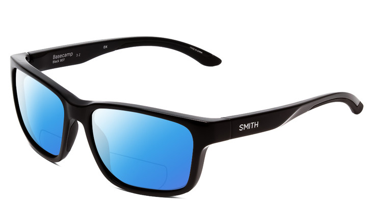 Profile View of Smith Optics Basecamp Designer Polarized Reading Sunglasses with Custom Cut Powered Blue Mirror Lenses in Gloss Black Unisex Square Full Rim Acetate 58 mm