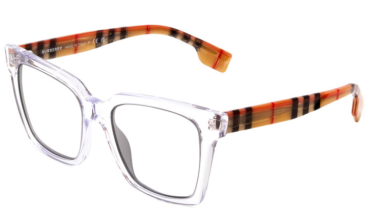 Profile View of Burberry Maple BE4335 Designer Bi-Focal Prescription Rx Eyeglasses in Crystal Clear Brown Unisex Square Full Rim Acetate 53 mm