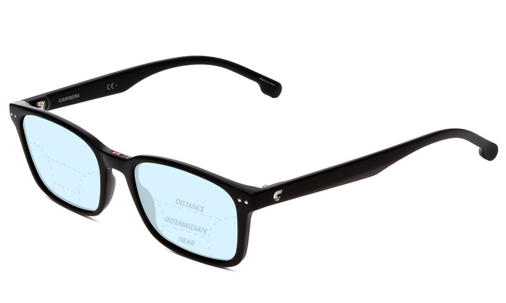 Profile View of Carrera 2021T Designer Progressive Lens Blue Light Blocking Eyeglasses in Black Unisex Classic Full Rim Acetate 50 mm with Blue Light Zone functionality illustration laid over the lens