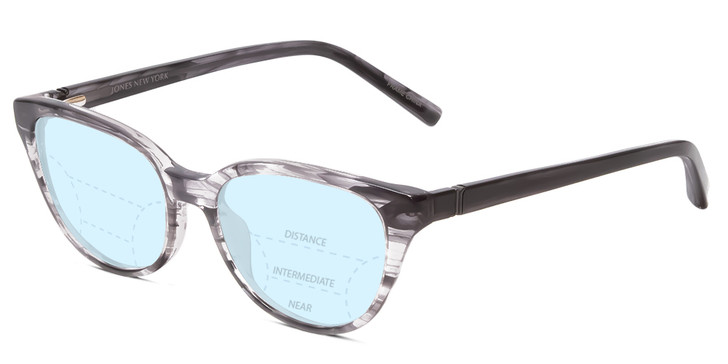 Profile View of Jones New York J760 Designer Progressive Lens Blue Light Blocking Eyeglasses in Grey Marble Horn Unisex Cateye Full Rim Acetate 53 mm with Blue Light Zone functionality illustration laid over the lens