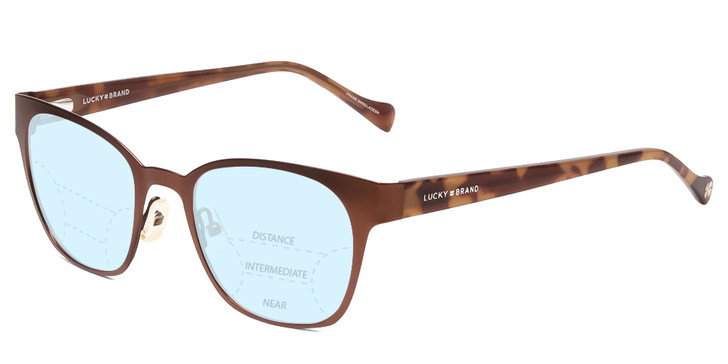 Profile View of Lucky Brand D106 Designer Progressive Lens Blue Light Blocking Eyeglasses in Brown Satin Tortoise Havana Brown Gold Ladies Classic Full Rim Metal 49 mm with Blue Light Zone functionality illustration laid over the lens