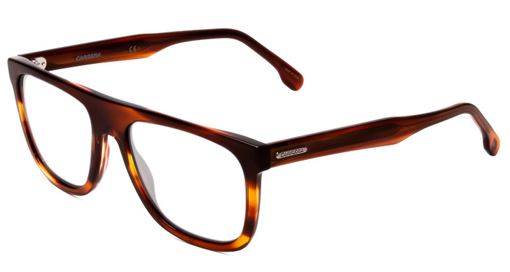 Profile View of Carrera Browline Designer Single Vision Prescription Rx Eyeglasses in Red Horn Marble Brown Yellow Unisex Classic Full Rim Acetate 56 mm