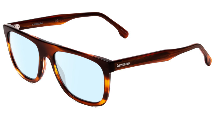 Profile View of Carrera Browline Designer Blue Light Blocking Eyeglasses in Red Horn Marble Brown Yellow Unisex Classic Full Rim Acetate 56 mm